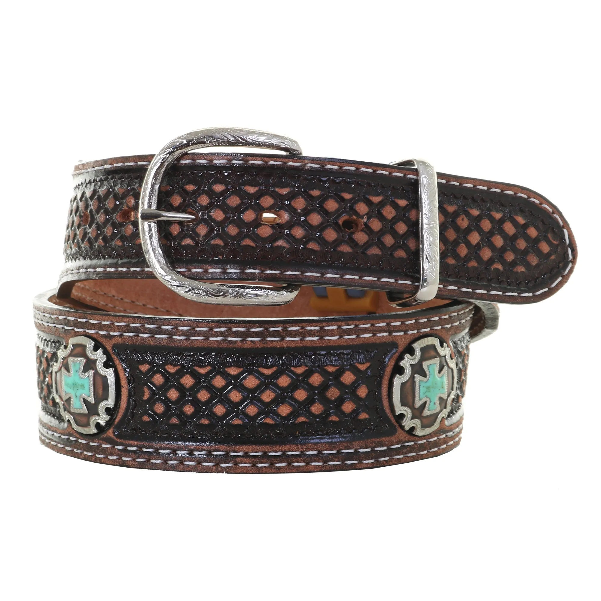 B1127 -  Brown Vintage Diamond Tooled Belt