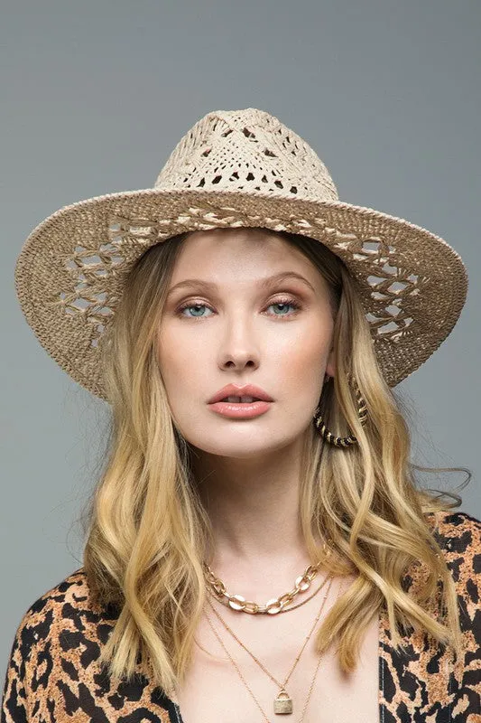 Natural Bohemian Handwoven Open Weave Faux Leather Banded Panama Summer Hat