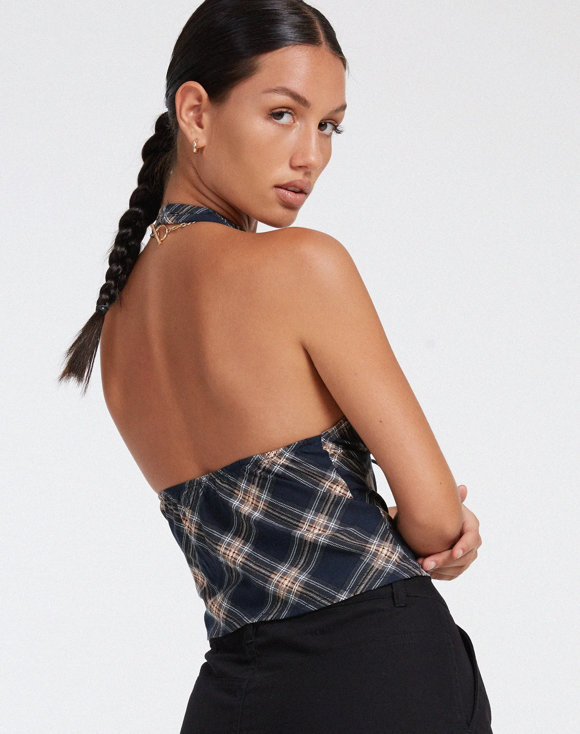 Roula Halter Top in 20's Check Black and Grey